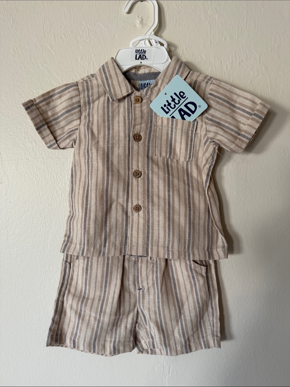 Little LAD Striped Linen-Blend Toddler Shirt & Shorts Set - Beige/Gray